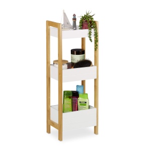 Raft de baie cu 3 cosuri, bambus si MDF, 74,5 x 28 x 20 cm, naturalalb