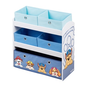 Raft de joaca din lemn roba Paw Patrol - Raft pentru jucarii cu 5 cutii - Raft de depozitare Montessori pentru baieti si fete - Alb/Gri... - Img 1
