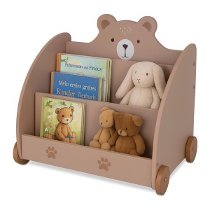 Raft pentru carti copii Relaxdays, motiv urs, 58x60x40 cm, cu roti, MDF