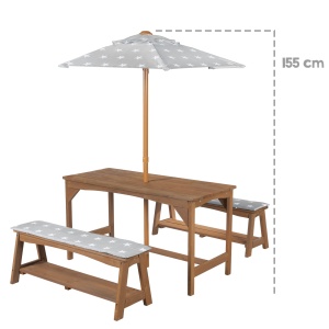 roba Grup de scaune pentru copii Outdoor+ din lemn masiv - incl. 1 masa, 2 banci, umbrela de soare Little Stars si perne de sezut - tec - Img 9