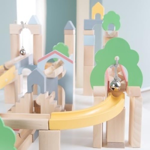 Roba Murmelbahn din Lemn - 60 piese, set extensie 20 piese, 11 bile, efecte sonore - Img 4