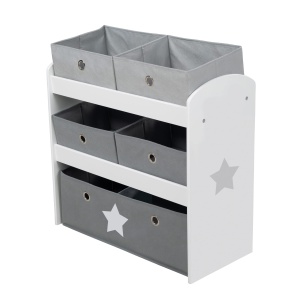roba Raft de joaca Stars - Raft de jucarii pentru camera copiilor cu 5 cutii din tesatura - cu motiv stea - Raft de depozitare pentru baieti si fete - lemn alb - Img 8