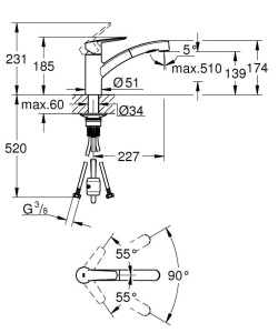 Robinet de bucatarie GROHE Start, crom, cu dus retractabil, 90 rotire - Img 2