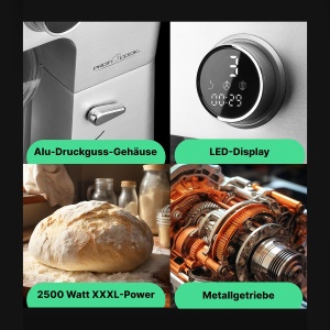 Robot de bucatarie ProfiCook(r) cu bol XXL de 12 litri | Masina de framantat cu motor profesional Longlife de 2500 W | Angrenaje metalice si afisaj LED | Robot de bucatarie pentru aluat de pana la 8,5 kg |13 viteze | Aparat de marcat KM 1254 - Img 5