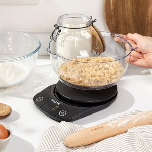 Salter 1074 BKDR Cantar electronic de bucatarie - Cantar digital de copt cu bol de 1,8 litri sigur pentru masina de spalat vase, capacitate maxima de greutate de 5 kg, functie zero/tara, masoara lichide in ml/fl. OZ, Negru - Img 2