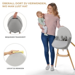 Scaun inalt Kinderkraft FINI2 2 in 1, scaun inalt pentru copii, scaun pentru copii, scaun inalt combi, picioare din lemn, centuri de siguranta, suport pentru picioare, tava dubla, de la 6 luni la 5 ani, curele in 5 puncte, gri - Img 7