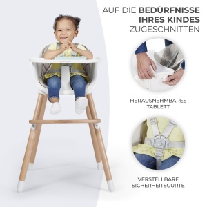 Scaun inalt Kinderkraft SIENNA 2 in 1, scaun inalt, scaun pentru copii, scaun combi, picioare din lemn, ham in 5 puncte, suport pentru picioare, tava detasabila, capace antiderapante pentru picioare, de la 6 luni la 4 ani, gri - Img 4