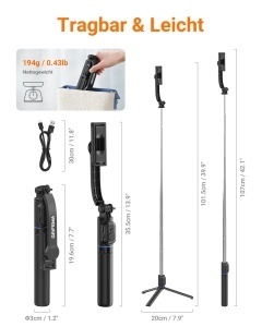Selfie Stick GRIFEMA cu stativ, 107cm, Bluetooth, 360 rotire - Img 7