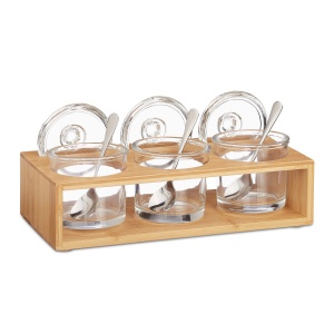 Set 3 Borcane pentru Condimente cu Suport din Bambus, Relaxdays, 11 x 27 x 13 cm - Img 6