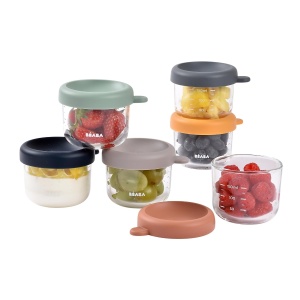 Set 6 recipiente din sticla pentru bebelusi BEABA, 150 ml, rezistente la caldura si frig, design colorat