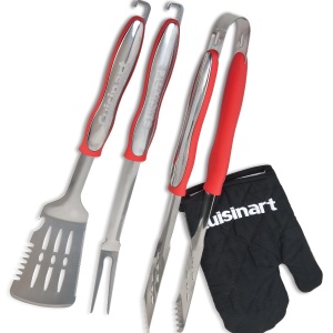Set BBQ Cuisinart 3 piese din otel inoxidabil, maner lung, cu manusi rezistente la caldura