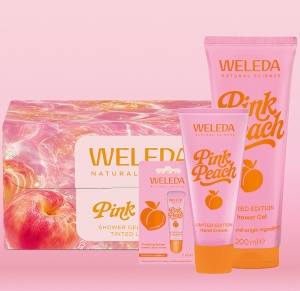 Set cosmetice naturale WELEDA Bio Pink Peach cu gel de dus, crema maini si balsam de buze