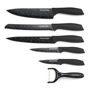 Set cutite si decojitor Russell Hobbs, 6 piese, lame antiaderente, manere ergonomice, negru