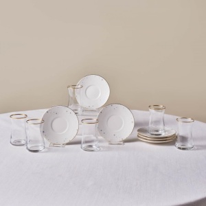 Set de ceai Karaca Fleur 12 piese pentru 6 persoane, portelan cu accente aurii
