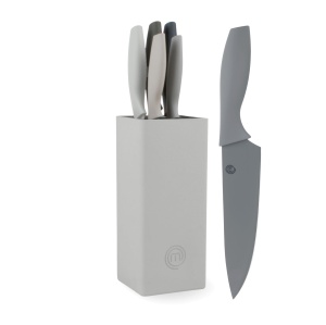 Set de cutite de bucatarie MasterChef, 5 piese, inox, cu suport, negru