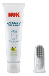 Set de ingrijire orala NUK cu pasta de dinti pentru bebelusi si aroma naturala de mar-banana, incl. periuta de dinti pentru degete, fara BPA, fara fluor, 1 bucata - Img 2