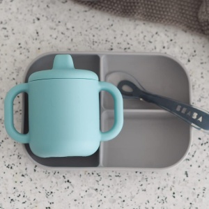 Set de invatare din silicon Beaba, 3 piese, farfurie cu 3 compartimente, albastru - Img 6