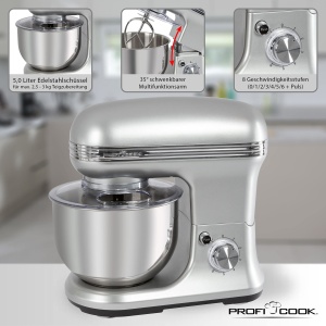 Set de masini de framantat ProfiCook(r) | Masina de framantat si cantare | Cutii de viteze speciale | 5 litri | 8 niveluri de viteza | 1200 wati | Domeniu de masurare de pana la 5000 g (in pasi de 1 g) | Otel inoxidabil | PC-KM 1222 W - Img 5