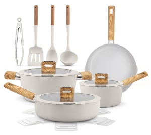 Set de Oale si Tigai NutriChef, 14 Piese, Bej - Ceramica Antiaderenta, Manere Detasabile