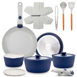 Set de Oale si Tigai NutriChef 18 Piese Ceramica Albastra cu Manere Detasabile