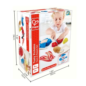 Set de peste si carne Hape Set de fantezie Set de mancare din lemn pentru copii, Set de gatit cu ingrediente si accesorii cu velcro - Img 6
