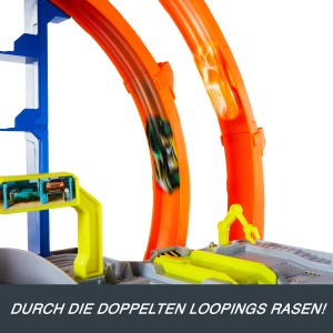 Set de pista Hot Wheels City Mega Park Garage, 3 nivele, capacitate 37 vehicule, cu masina si helicopter - Img 6