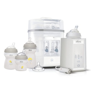 Set de pornire Chicco, sterilizator electric, incalzitor de sticle si set de biberoane, 3 sticle Natural Feeling cu silicon moale, 37,7 x 29,8 x 29 cm; 40 grame