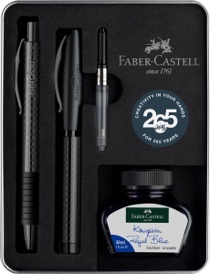 Set de scriere Faber-Castell Essentio Carbon, 2 piese, negru, cu cutie metalica
