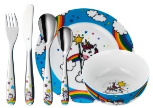 Set de tacamuri si vesela pentru copii WMF Einhorn 6 piese inox Cromargan potrivit pentru copii 3-9 ani