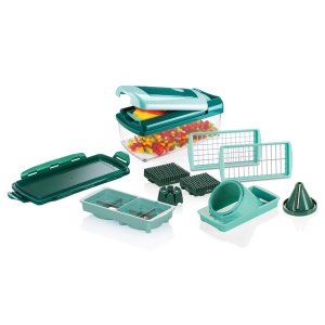 Set de taiat legume Nicer Dicer Fusion, 12 piese, multifunctional, argintiu-verde