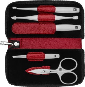 Set Manichiura ZWILLING 5 piese, Etui din piele rosie, Instrumente din otel inoxidabil
