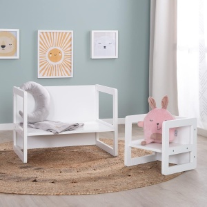 Set mobilier copii roba - banca si hocker 3 in 1, alb, din MDF - Img 2