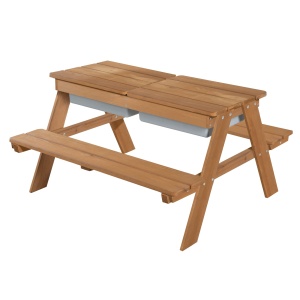Set mobilier pentru copii roba Outdoor cu masa de joaca si 2 bazine, din lemn masiv, culoare teak