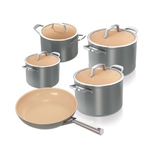 Set oale si tigai ceramice Ninja Extended Life CW95000EUUKDB, 5 piese, antiaderente, gri si terracotta