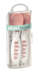 Set tacamuri pentru bebelusi Beaba Second Stage lingura si furculita ergonomice roz cu husa de transport