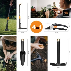 Set unelte gradinarit Fiskars 4 piese, Xact Unkrautstecher, Solid Kombihacke, Solid Blumenkelle, Solid Bypass-Gartenschere P121 - Img 2