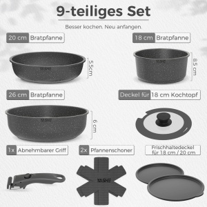 Set vase de gatit YASHE 9 piese antiaderent negru compatibil cu toate tipurile de plite - Img 2
