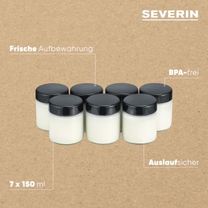 SEVERIN Borcane de schimb pentru producatorii de iaurt, borcane de iaurt cu capac (7 x 150 ml), potrivite pentru masinile de iaurt SEVERIN JG 3516 / JG 3518 / JG3519 / JG 3520 / JG 3521 si JG 3525, negru, EG 3514 - Img 4