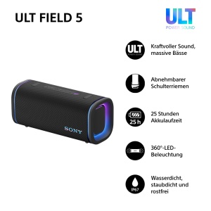 Sony ULT Field 5 - Difuzor portabil Bluetooth puternic, baterie de 25 de ore, 2 moduri de sunet ULT Power, IP67, rezistent la apa, rezistent la praf, lumini la 360deg, curea de umar detasabila - negru - Img 2