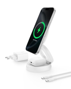 Statie de incarcare wireless Belkin BoostCharge 2-in-1 Qi2 15W alba