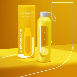 Sticla de apa Wessper 1 Litru, Borosilikat, Culoare Galbena, Cu Husa de Silicon - Img 6