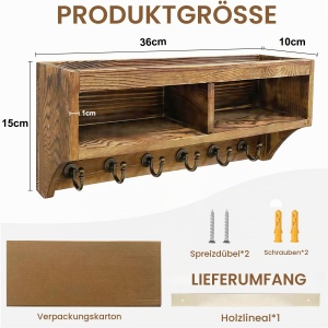 Suport chei din lemn TopEsct, 6 carlige, montaj pe perete, 35,5 x 14,5 x 9,6 cm - Img 2
