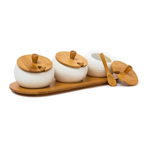 Suport condimente Relaxdays JIAO din ceramica si bambus, 3 borcane, 8.5 x 30.5 x 12 cm