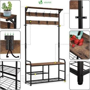 Suport haine VOUNOT cu bancuta, 4 in 1, 185x85x33 cm, 9 carlige detasabile - Img 5