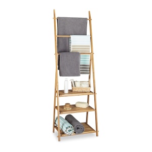 Suport pentru prosoape din bambus Relaxdays, 3 stangi, 3 rafturi, 4 carlige