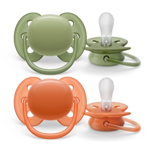 Suzeta ultra moale Philips Avent - pachet de 2, fara BPA, suzeta extra moale pentru bebelusi cu varsta de 18 luni si peste, inclusiv cutie de transport si sterilizare, verde/portocaliu (model SCF093/01)