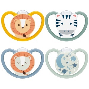 Suzete NUK Space Day Night 6-18 luni luminoase set 4 bucati design Zebra Leu silicon BPA-free