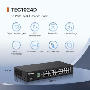 Switch Gigabit Tenda TEG1024D, 24 Porturi, Plug-and-Play, Design Fara Ventilator - Img 2