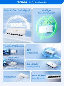 Switch LAN Tenda TEG1008M, 8 Porturi Gigabit, Igienic, Fara Ventilator - Img 2