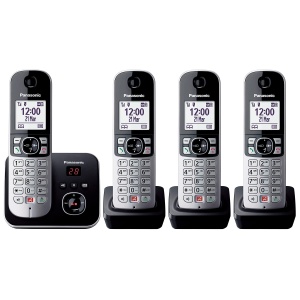 Telefon fara fir Panasonic KX-TG6864GB cu 4 receptori si robot telefonic (blocati pana la 1.000 de numere de telefon, dimensiune clara a fontului, receptor puternic, apelare hands-free full-duplex) negru-argintiu